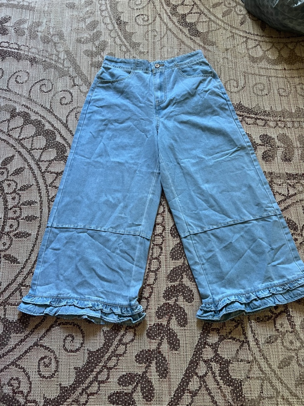 Wide Leg Ruffle Hem Jeans - Light Blue